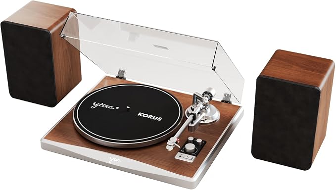 KORUS Record Player with External Speakers, Belt-Drive Turntable 2-Speed