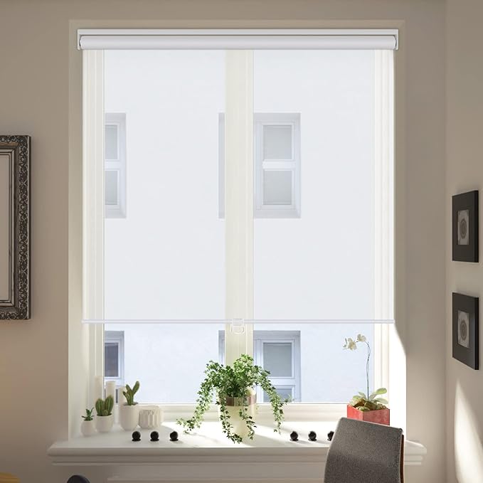 LUCKUP Light Filtering Roller Shades for Windows, Cordless Semi Sheer Solar Blinds with 5% Openness Free-Stop Window Shades for Home & Office, White 28" W x 72" L