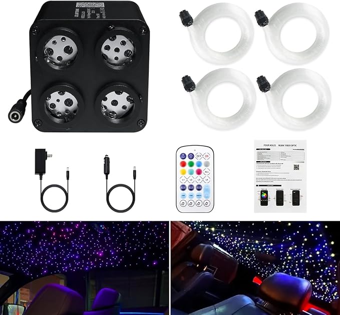 AMKI Updated 4Color Twinkle 36w Starlight Headliner Kits 600pcs 0.03in 9.8ft Fiber Optic Light Cable 4 Ports Starlight Box App/Remote Control Sound Mode for Car Home Ceiling Decoration