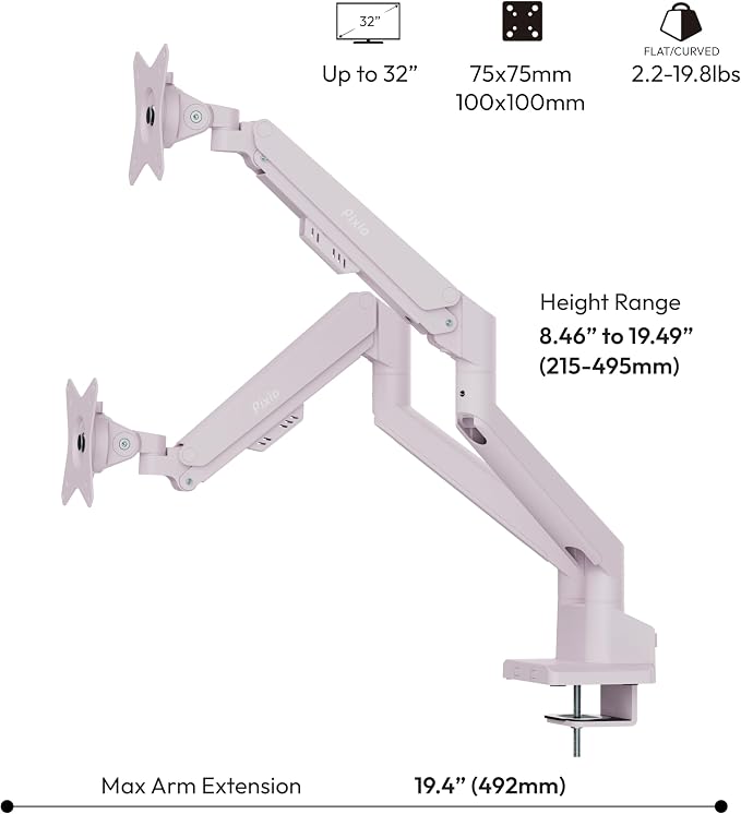 Pixio PS1D Wave Pink Dual Monitor Arm Stand Desk Mount