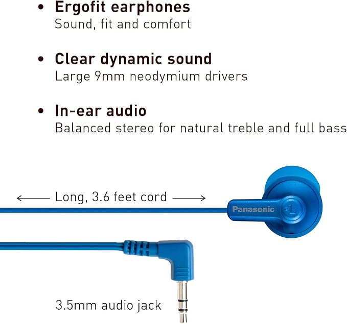 Panasonic ErgoFit Wired Earbuds, 3.5mm Jack in-Ear Headphones