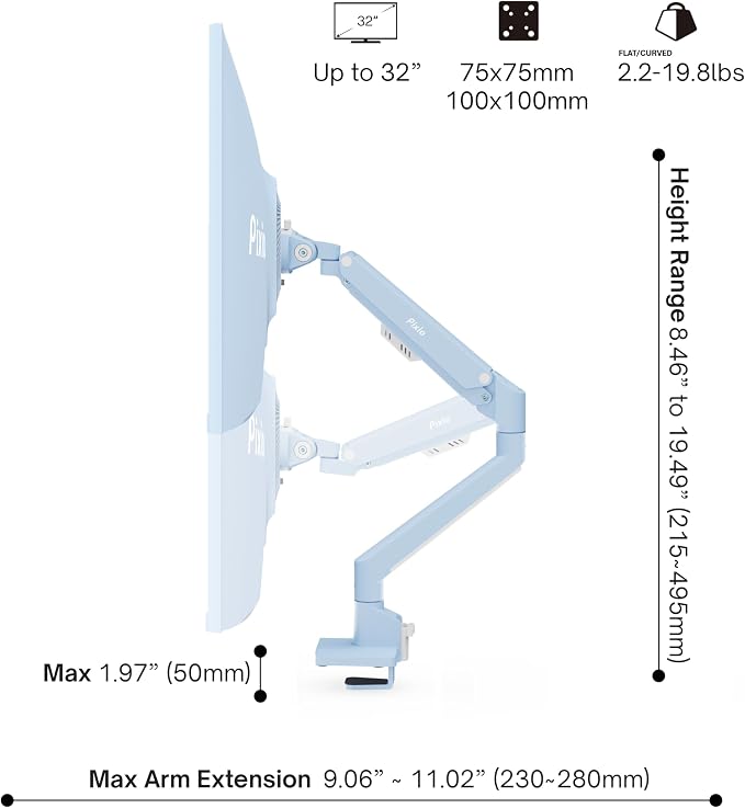 Pixio PS1S Wave Blue Single Monitor Arm Stand Desk Mount