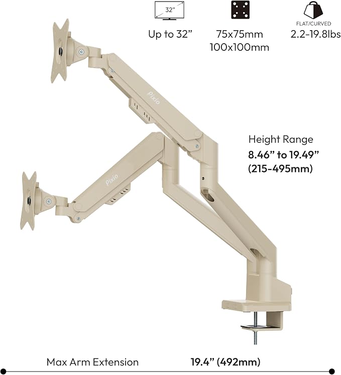 Pixio PS1D Wave Beige Dual Monitor Arm Stand Desk Mount