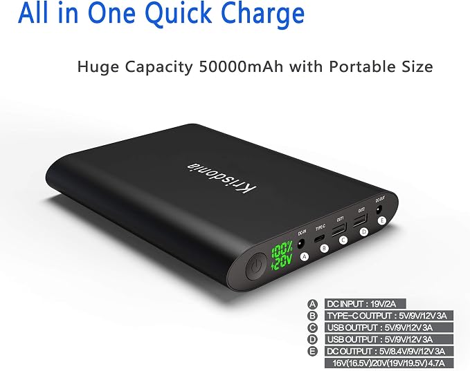 Krisdonia 50000mAh Laptop Power Bank 5/9/12/16/19/20V Portable Laptop Battery