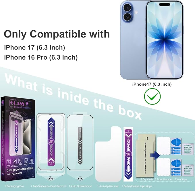 Screen Protector for iPhone 17, iPhone 16 Pro 6.3-Inch, 2 Pack, 9H Tempered