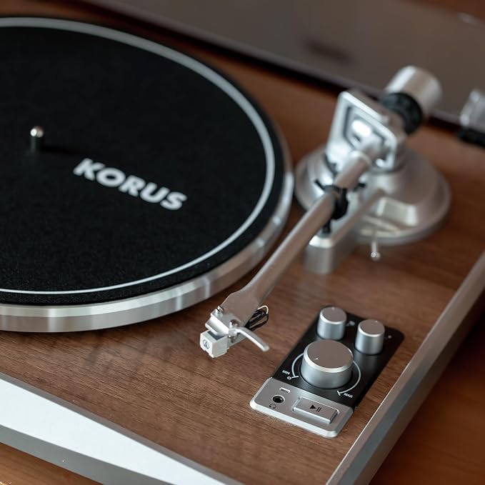 KORUS Record Player with External Speakers, Belt-Drive Turntable 2-Speed