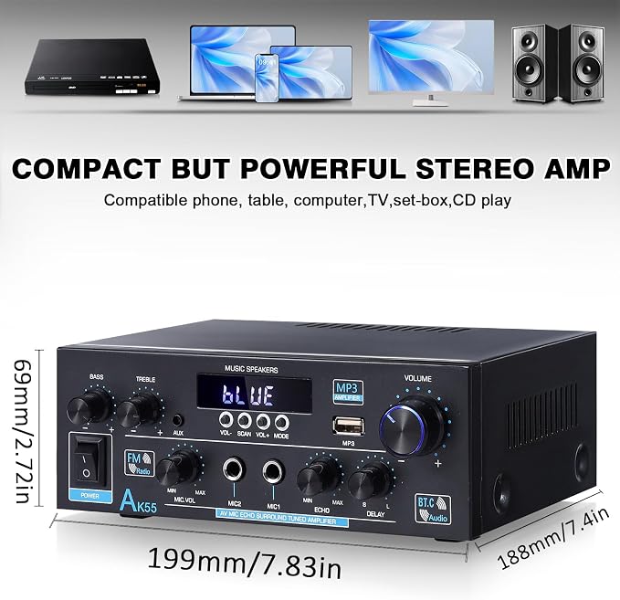 AK55 Bluetooth 5.0 Amplifier Home Audio, 2.0 Channel Max 450W Power Stereo