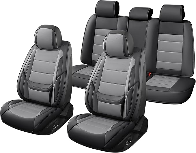 Car Seat Covers Full Set Custom Fit for Ford Focus 2000-2018 - Premium Faux Leather with Lumbar Support, Breathable, Anti-Slip & Full Wrapping Edge (Black&Gray,Full Set)