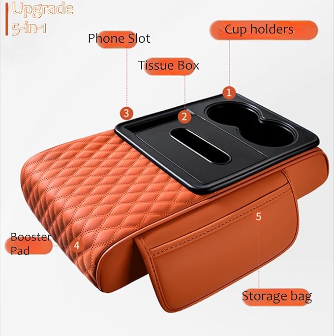 Car Center Console Armrest Pad, Arm Rest Box Cushion with Ergonomic Height Boost, Storage Pockets, Built-in Tissue Box, Cupholder, Fit for Most Sedan Vehicles (Embroidery Water Ripple, Black-Red)