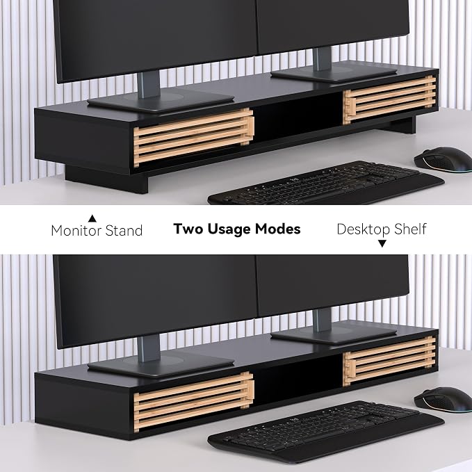 Dual Monitor Stand Riser with Sliding Door, Double Computer Laptop Stand Desk