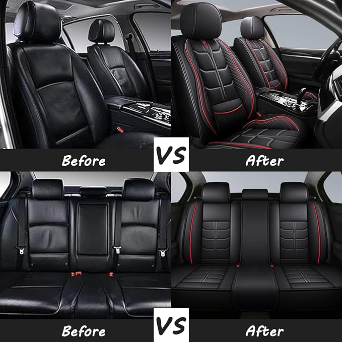 Leather Car Seat Covers Fit for Toyota C-HR CHR 2018-2024, 5 Seater Car Seat Cover, Premium Waterproof, Scratch Resistant Car Interior Accessories (Full Set Black Red)