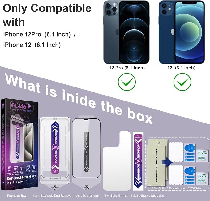 2 Pack Screen Protector for iPhone 12 Pro/iPhon 12, 9H Tempered Glass, Full
