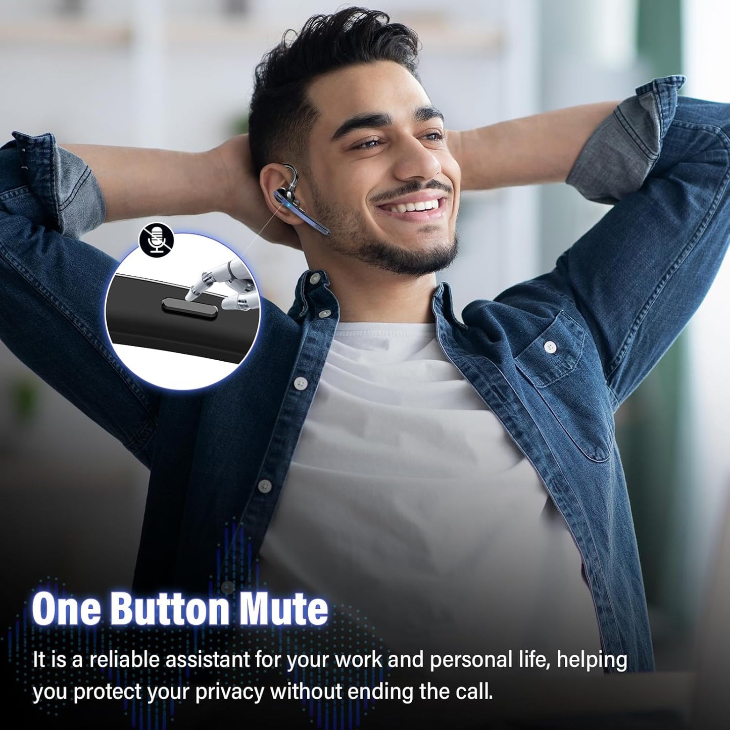 Bluetooth Headset, Wireless Bluetooth 5.3 Earpiece, 90Hrs Hands Free Headset with APTX HD Audio & Mute Button, Dual Noise Cancelling Mics, Single-Ear Headphone for Trucker/Business/Gym/Blue
