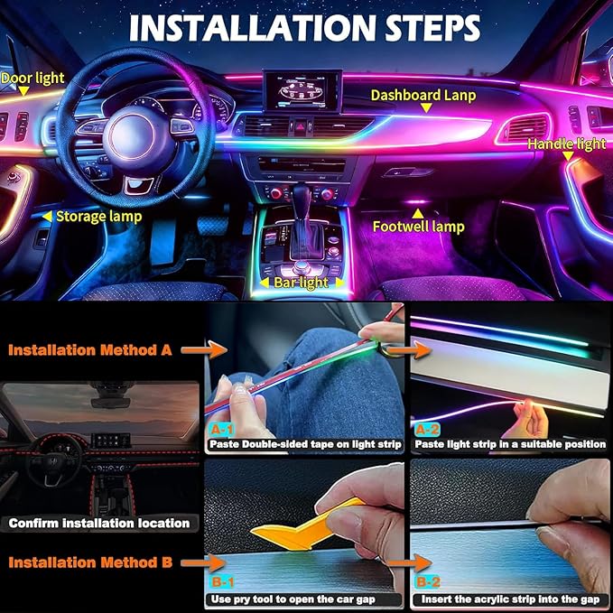 Interior Car LED Strip Lights,Acrylic LED Lights for Car with Dynamic Dreamcolor Chasing,116in 4 in 1 RGB Neon Strip Fiber Optic LED Ambient Lighting Kits with Remote APP,for Inside car Decorations