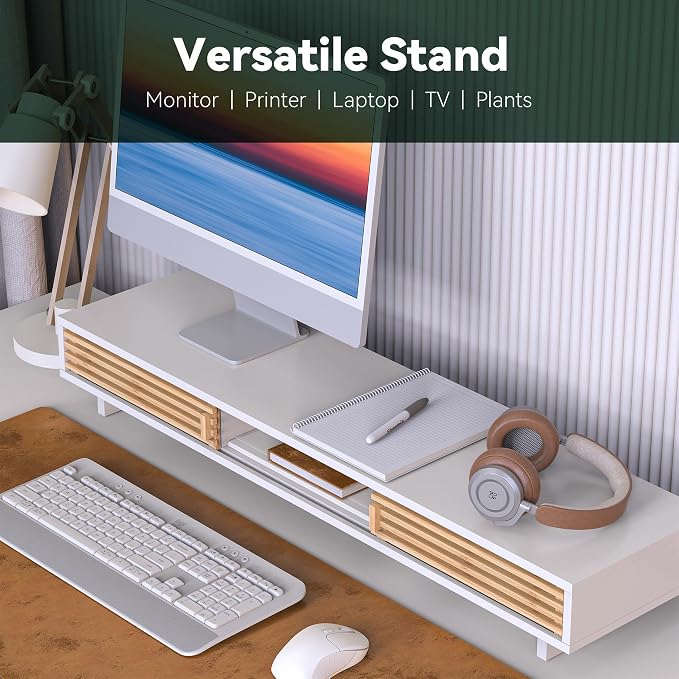 Dual Monitor Stand Riser with Sliding Door, Double Computer Laptop Stand Desk