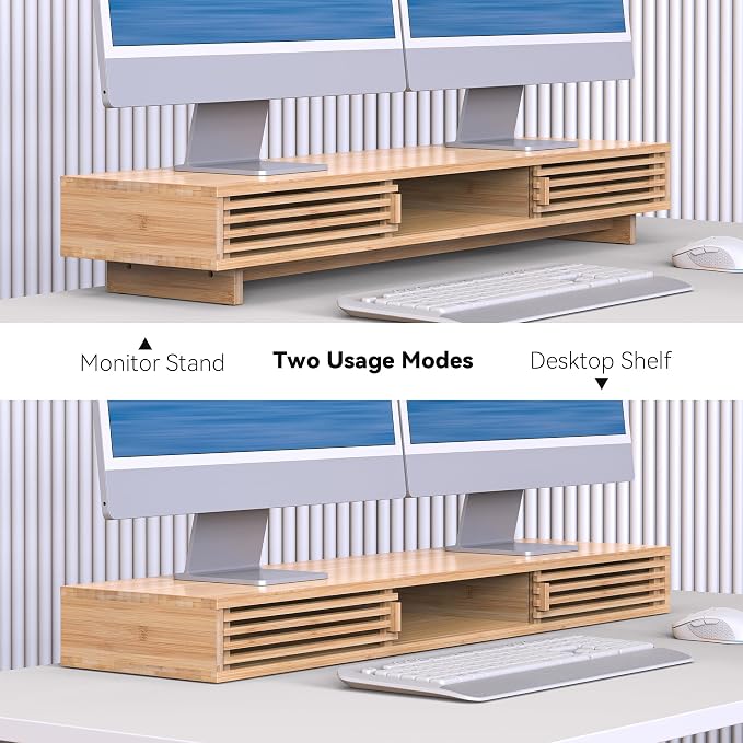 Dual Monitor Stand Riser with Sliding Door, Double Computer Laptop Stand Desk