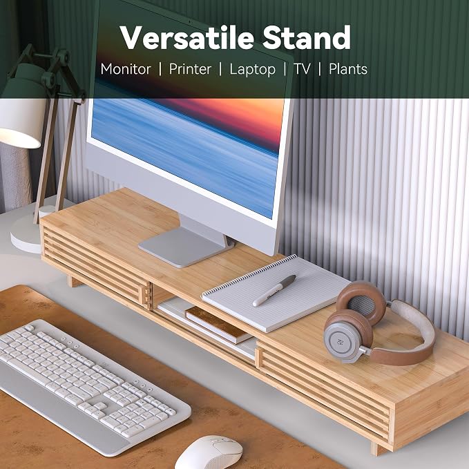 Dual Monitor Stand Riser with Sliding Door, Double Computer Laptop Stand Desk