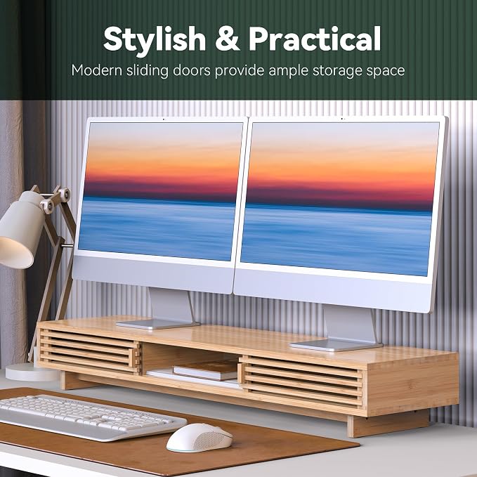 Dual Monitor Stand Riser with Sliding Door, Double Computer Laptop Stand Desk