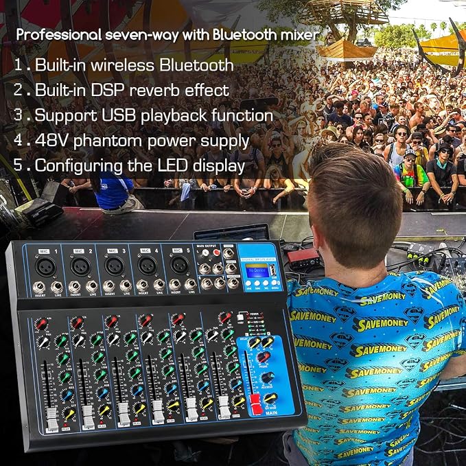 Depusheng HT7 Bluetooth Portable Audio Mixer w/USB DJ Sound Mixing Console MP3