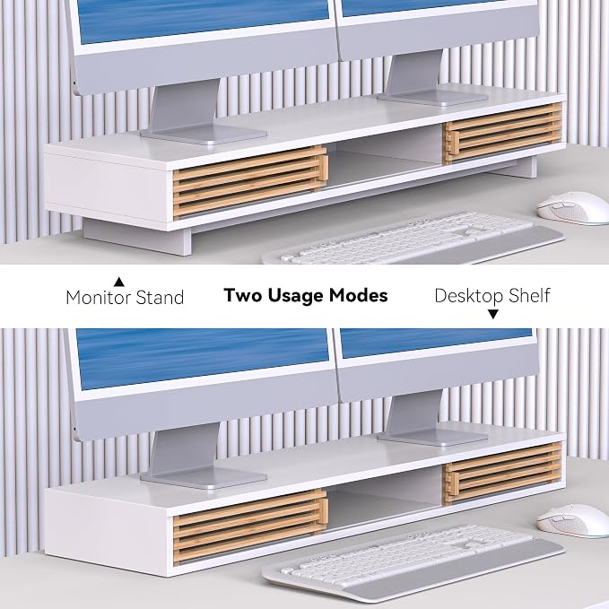 Dual Monitor Stand Riser with Sliding Door, Double Computer Laptop Stand Desk
