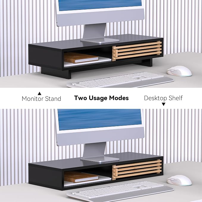 Monitor Stand Riser with Sliding Door, Computer Laptop Stand Desk Shelf