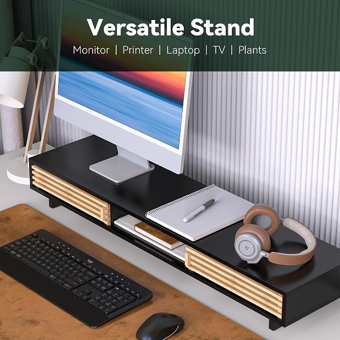 Dual Monitor Stand Riser with Sliding Door, Double Computer Laptop Stand Desk