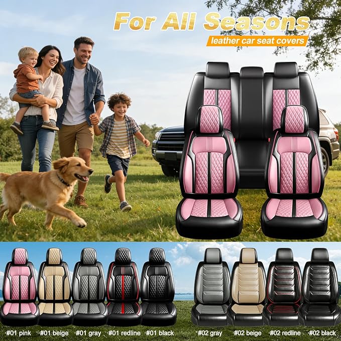 Fit Bolt Car Seat Covers for Select Chevrolet Bolt/Bolt EUV 2017-2025, Premium Full Coverage Leather, Airbag Compatible, Waterproof All Weather Seat Cushion Protector, Full Set, Black+Pink