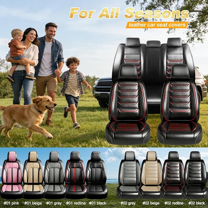 Fit CRV Car Seat Covers (Front Pair) for Select Honda CRV CR-V 2011-2026 - Premium Full Coverage Leather, Airbag Compatible, Waterproof & All Weather Seat Cushion Protector, Red Trim