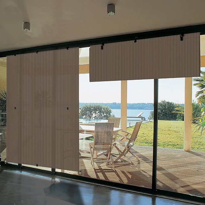 Bynbbur 7'W x 8'H Outdoor Patio Shades Foldable Roller Blinds, 220 GSM Sun Shade Roll Up Porch Screens Exterior Shade Cloth for Deck Pergola Backyard, Brown