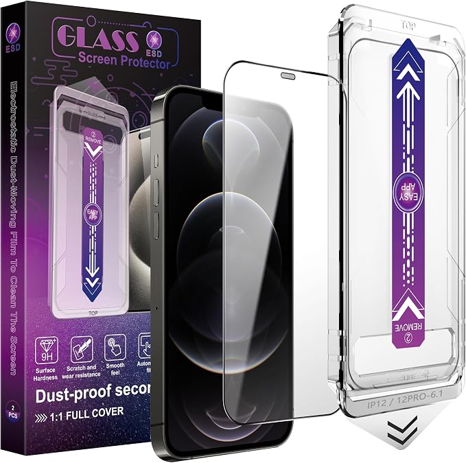 2 Pack Screen Protector for iPhone 12 Pro/iPhon 12, 9H Tempered Glass, Full