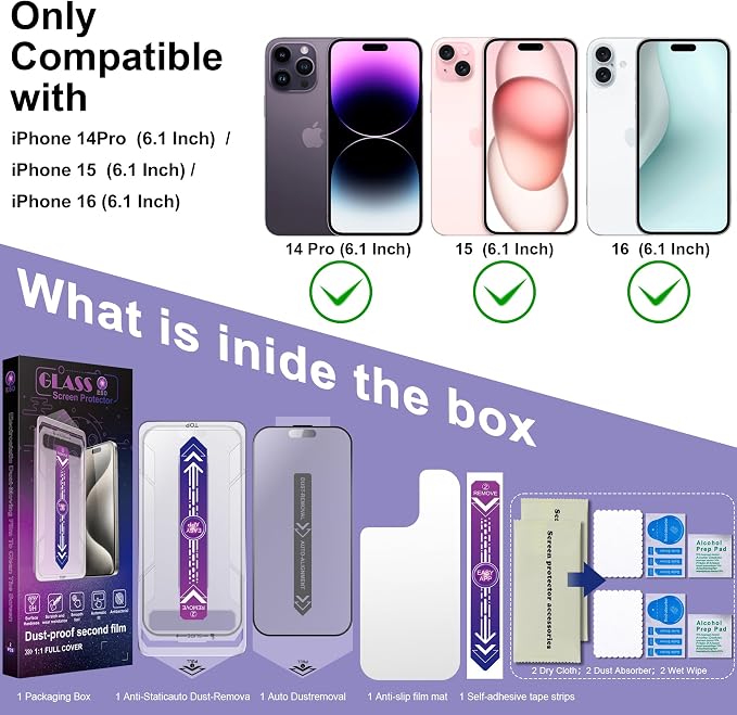 2 Pack Matte Screen Protector for iPhone 14 Pro/iPhone 15 / iPhone 16, 9H