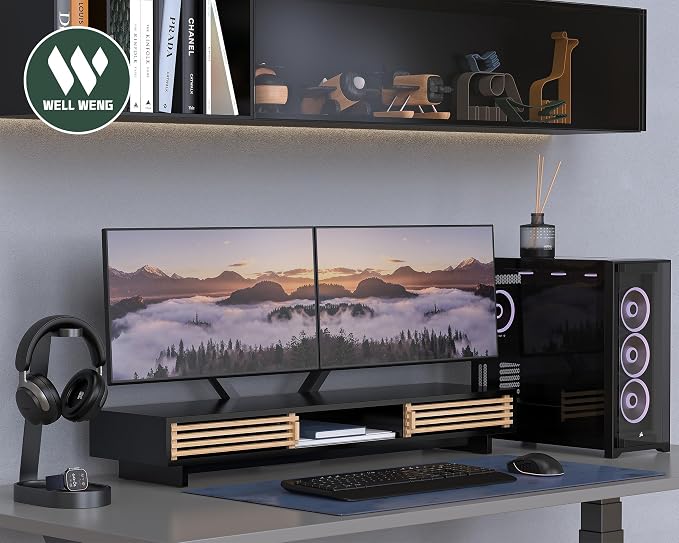 Dual Monitor Stand Riser with Sliding Door, Double Computer Laptop Stand Desk