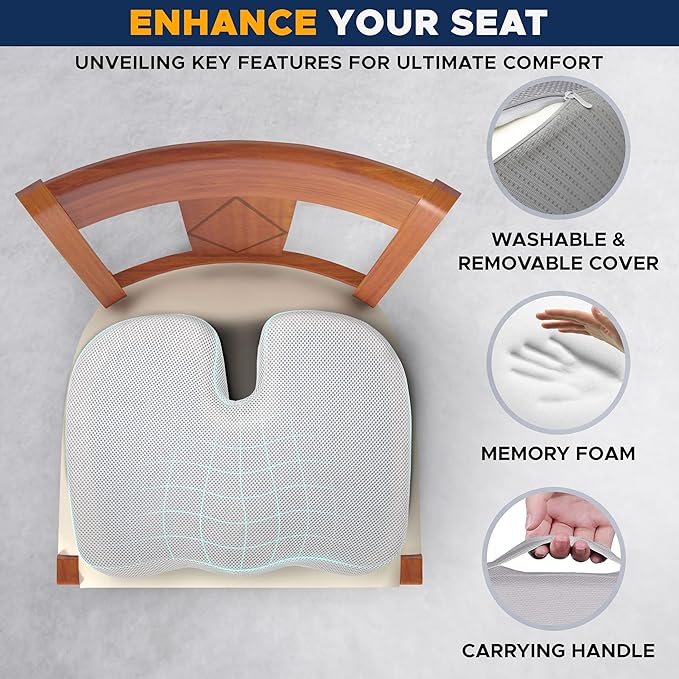 EcoNour Gel Seat Cushion for Tailbone Pain Relief | Computer Chair Cushion for Back Pain | Office Chair Gel Cushion for Coccyx | Ergonomic Anti-Slip Cushion for Sciatica & Lower Back Pain (Gray)