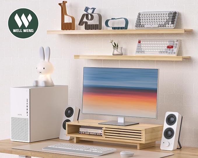 Monitor Stand Riser with Sliding Door, Computer Laptop Stand Desk Shelf
