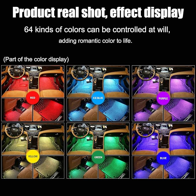 Car Ambient Lighting Kit Bluetooth App Control + RF Remote Control 64 Colors Multicoloured Music Interior Footwell Lighting Kit 12V