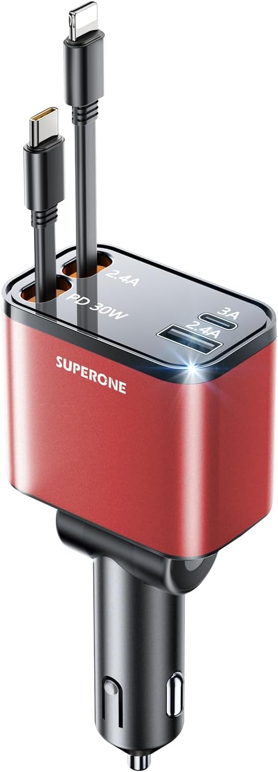 [Upgraded] 4 in 1 Retractable Car Charger, SUPERONE Smaller Fast Car Phone Charger 69W with Cord, USB C and iPhone Car Charger Adapter, Compatible iPhone 17/17 Pro Max/16/15/14/13/12/11, Sumsung