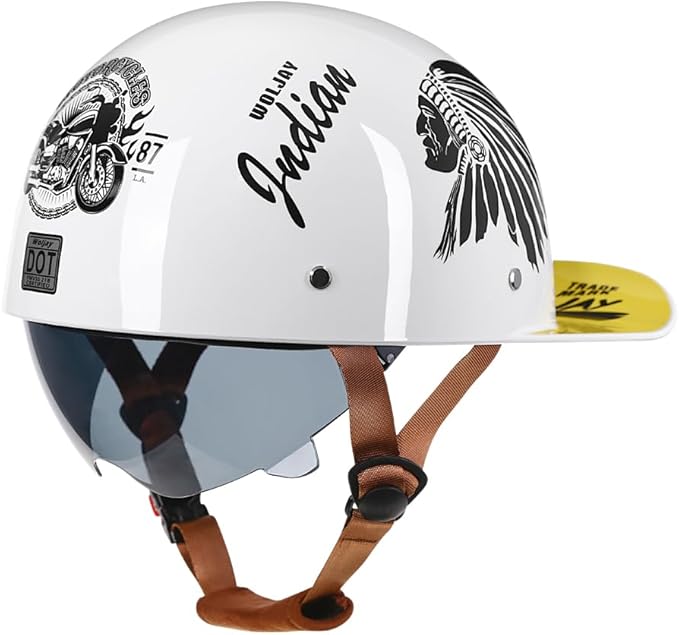 Vintage Retro Open Face Motorcycle Helmet Baseball Cap Half Helmets with pull-down Lens for Men Women Moped Cap Jet Scooter Street Cruiser - DOT Certified (Indian-White,X-Large)