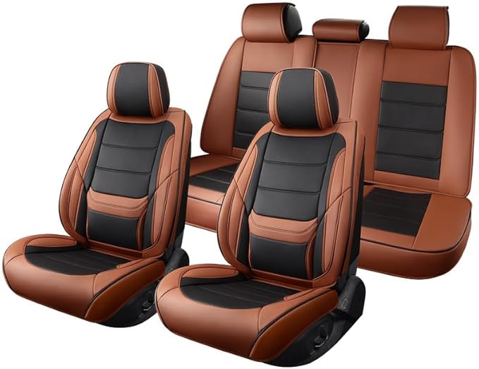 Car Seat Covers Full Set Custom Fit for Ford Taurus 1999-2018-Luxury Leather with Lumbar Support, Breathable, Waterproof, Anti-Slip, Durable, Easy to Install (BlackBrown,Full Set)