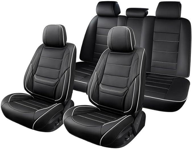 Car Seat Covers Full Set Custom Fit for Mercury Milan 2006-2011-Luxury Leather with Lumbar Support, Breathable, Waterproof, Anti-Slip, Durable, Easy to Install (Black&White,Full Set)