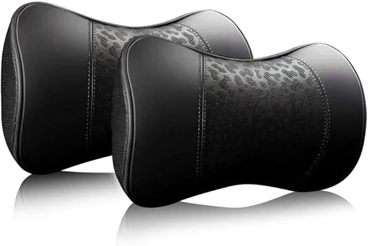 Car Leather Neck Pillows, Neck Rest Cushions,100% Memory Foam Cervical Support, Comfortable Travel car Seats and Home Office Soft Pillows, Black a Set (2 pcs)