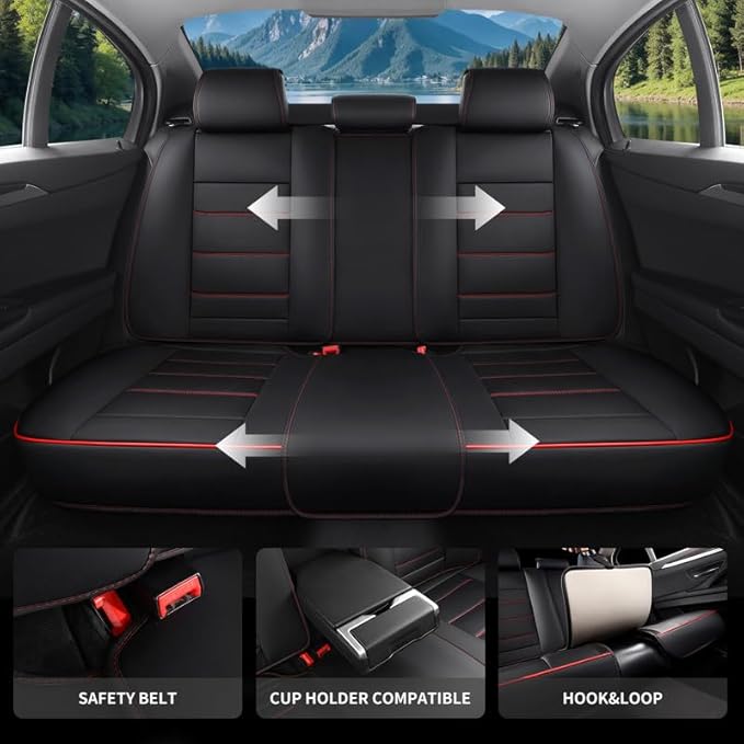 Car Seat Covers Full Set Custom Fit for Buick Century 1997-2005-Luxury Leather with Lumbar Support, Breathable, Waterproof, Anti-Slip, Durable, Easy to Install (Black&Red,Full Set)