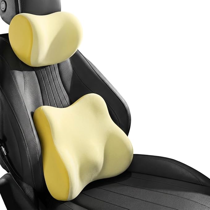 Car Headrest Pillow & Lumbar for Audi Q4 Sportback e-tron SUV 2021 2022 2023 2024 2025, Car Seat Neck Pillow Back Support, Breathable All-Season Automotive Seat Cushions, 2PCS,D Dual Yellow