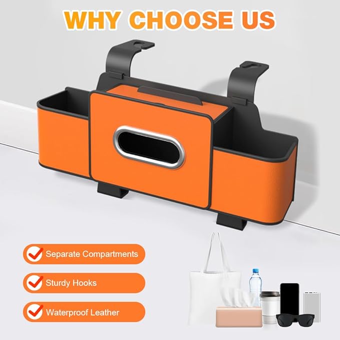 Back Seat Car Organizer,3 in 1 Car Backseat Storage Box with Cup Holder,Tissue Box,Trash Bin&Hooks,Multifunctional Waterproof Storage for Hold Phones Snacks Drinks Handbags (2, Orange)