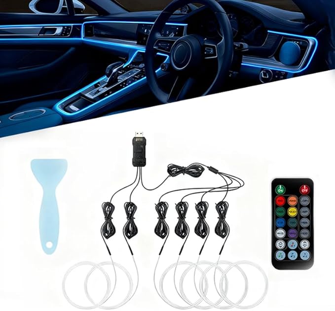 Car LED Lights Interior for Cadillac SRX 2010–2016, 6 in 1 Ambient Lighting Kit with Remote Control, Car USB LED Strip Lights with Sync to Music, for Cars Trucks SUVs, 8m