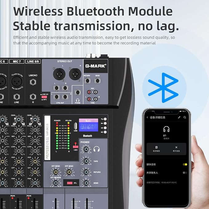 G-MARK MR80S Audio Mixer Interface USB Bluetooth Mixing Console 8 Channel 48V