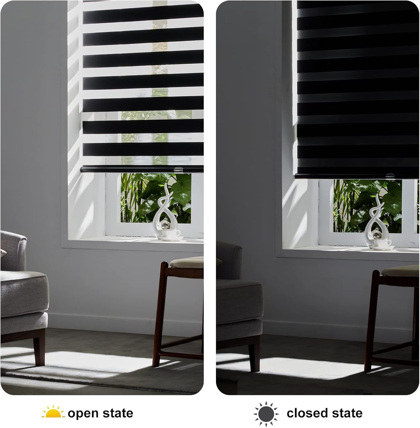 Persilux Cordless Zebra Blinds for Windows Free-Stop Roller Windows Shades (24" W X 72" H, Black) Dual Layer Light Control for Day and Night, Light Filtering Sheer Shades for Home, Bedroom