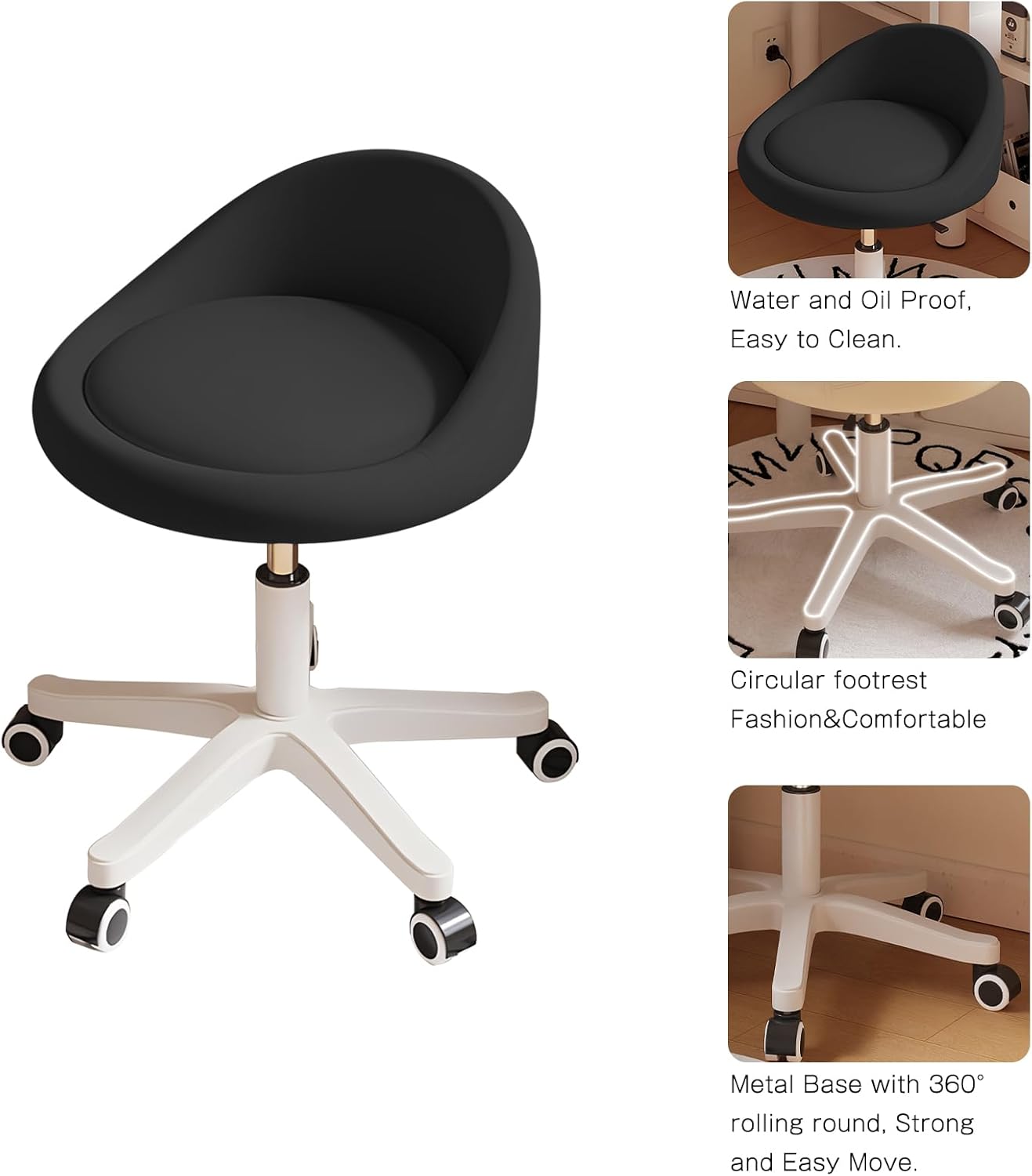 Rolling Stool Set of 6 Rolling Hydraulic Salon Stool with Low Backrest - Adjustable Swivel Chair for SPA, Shop, Salon, Massage, or Medical Office Black