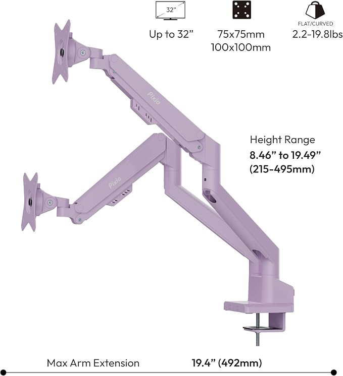 Pixio PS1D Wave Purple Dual Monitor Arm Stand Desk Mount