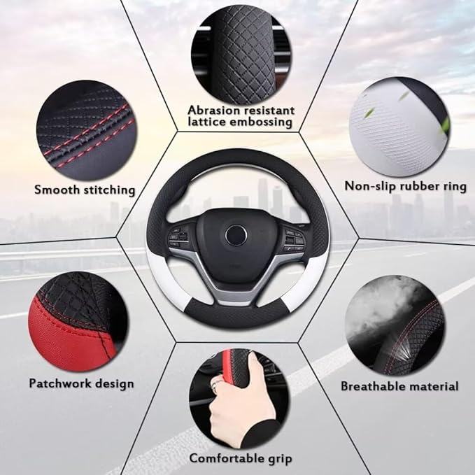 Pahajim Steering Wheel Cover Flat Bottom, D Shaped Car Steering Wheel Wrap PU Leather Anti Skid 14.5-15 Inch (37-38cm) Cubre Volantes Carros for Women Men (White)