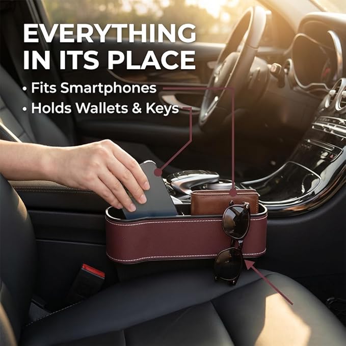 Car Seat Gap Filler Organizer, 2026 New Premium Leather Console Organizer for Holding Phone, Sunglasses, Auto Console Side Storage Box with Cup Holders 2 Seat Hooks for Drink (Black, Passenger Seat)